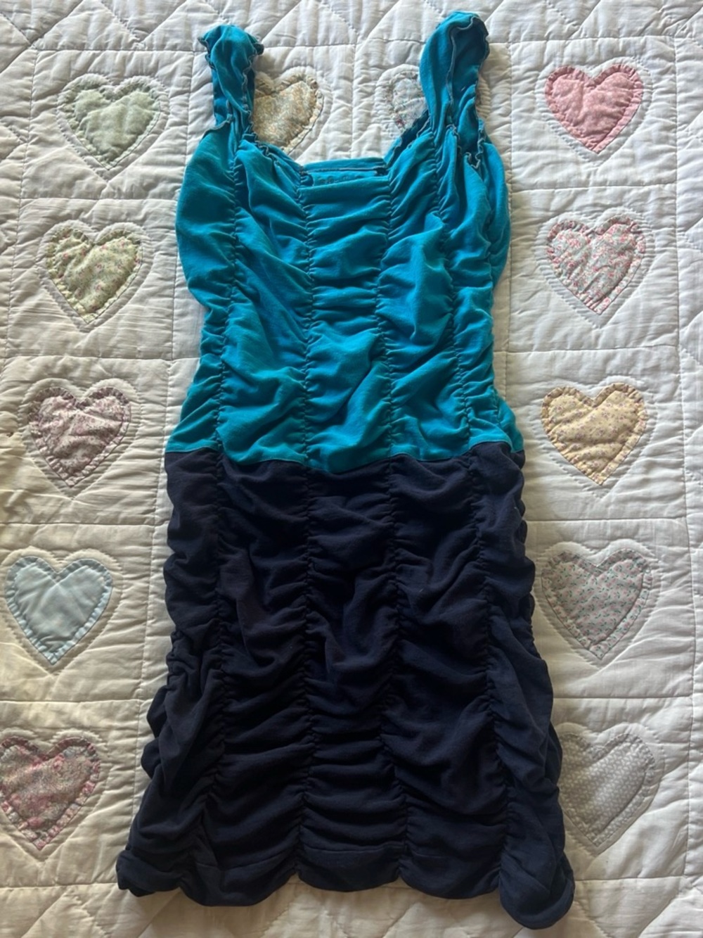 Eko Logic Blue and navy colorblock ruched cotton mini dress made in USA ruched m